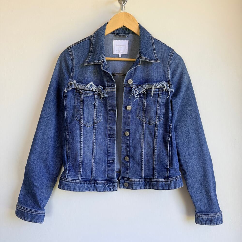 ZARA Ruffled Denim Jacket Women's Medium Distressed Jean Trucker Frayed Blue